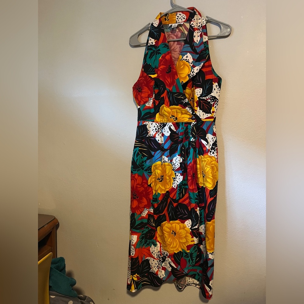 Vintage Tropical Floral Cotton Midi Dress in Red, Yellow & Green